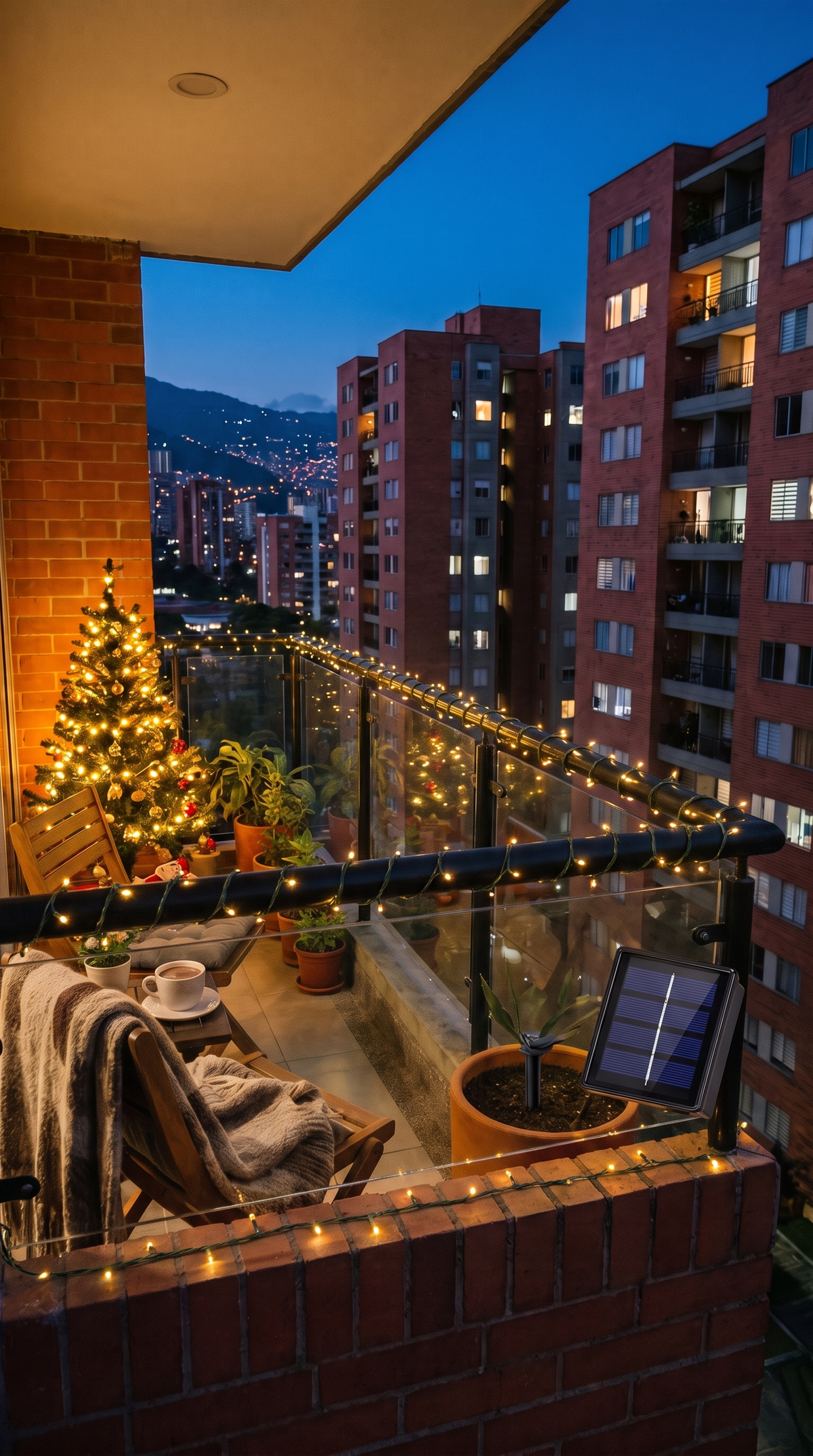 Balcón de apartamento con luces solares ALUMBRA en la baranda