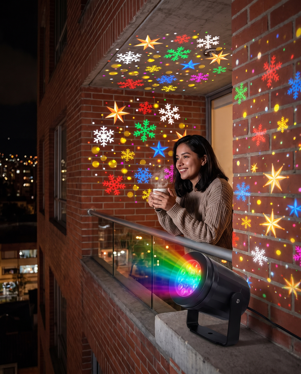 Balcón de apartamento con estrellas y copos proyectados en la pared de ladrillo